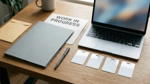 Blank identity-card shapes beside a closed folder, laptop and unmarked envelope on a neat desk