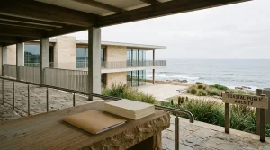 Australian coastal civic building with unmarked documents on a stone desk