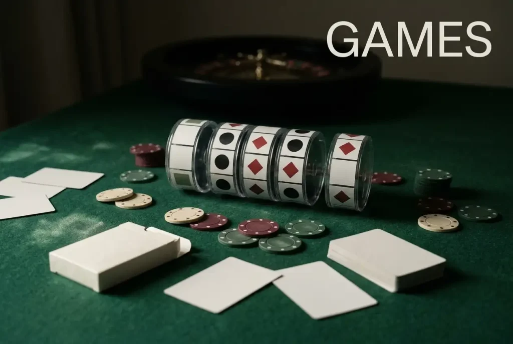 Poker chips and abstract slot reels arranged on a dark tabletop beside unmarked playing cards