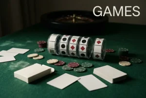 Poker chips and abstract slot reels arranged on a dark tabletop beside unmarked playing cards