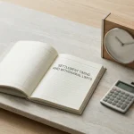 Open ledger beside an unmarked clock and a calculator on a neutral desk