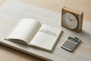 Open ledger beside an unmarked clock and a calculator on a neutral desk